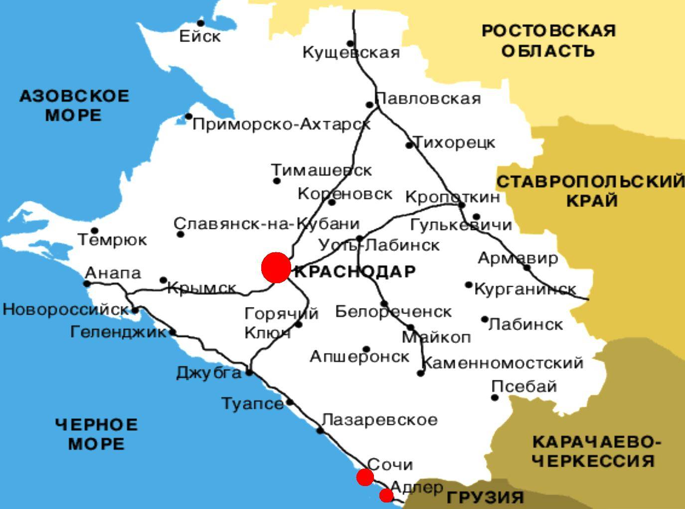 Карта Краснодарского края с населенными пунктами
